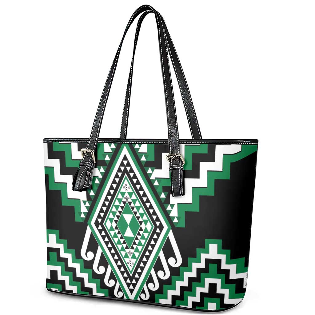 Green Aotearoa Taniko Poutama Patikitiki Leather Tote Bag