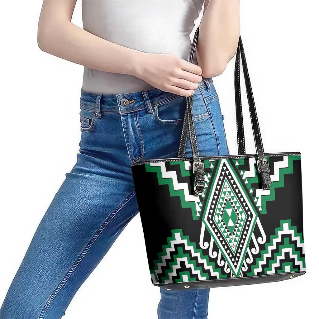 Green Aotearoa Taniko Poutama Patikitiki Leather Tote Bag