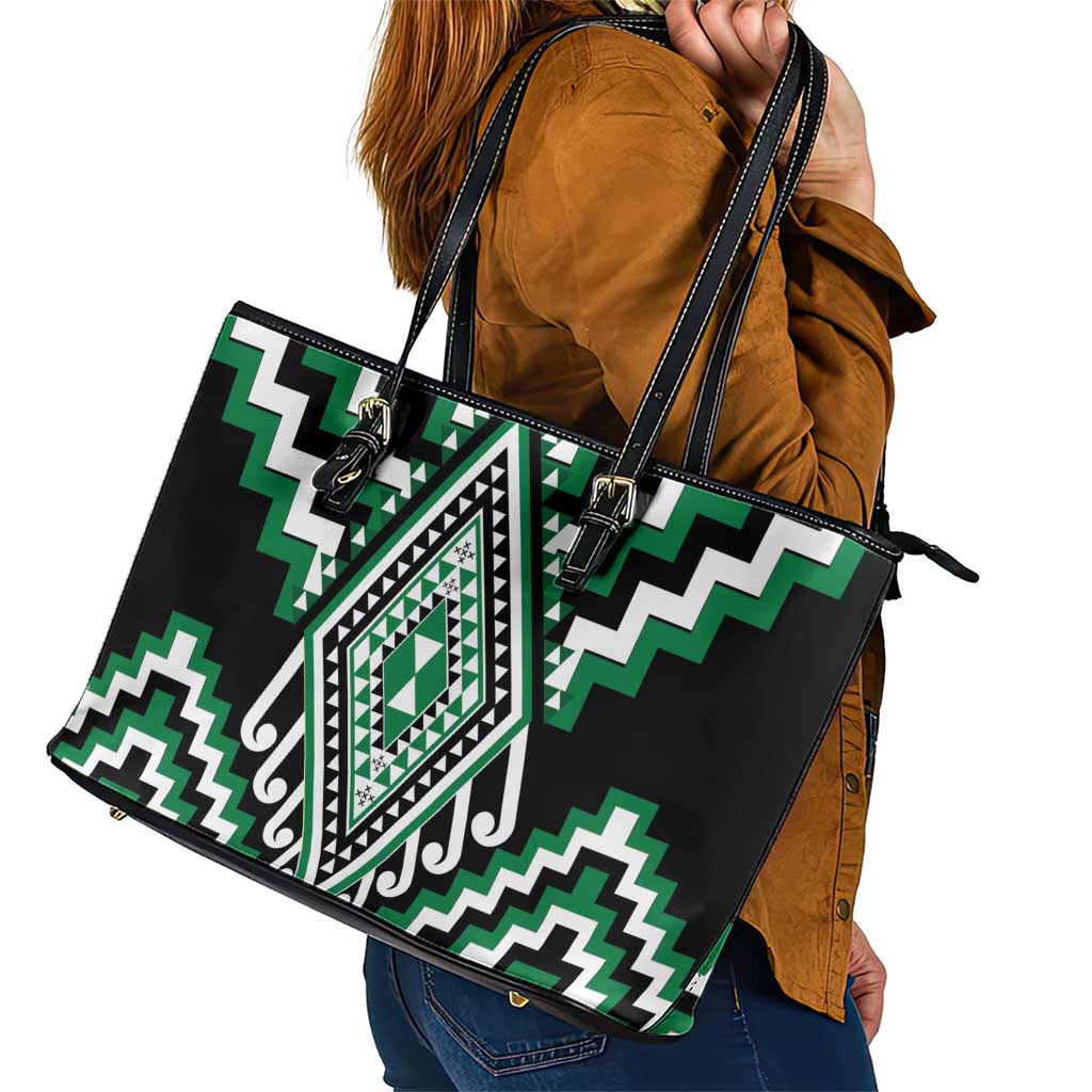 Green Aotearoa Taniko Poutama Patikitiki Leather Tote Bag