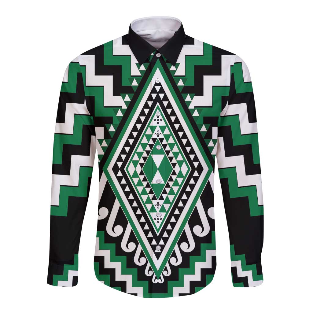 Green Aotearoa Taniko Poutama Patikitiki Long Sleeve Button Shirt LT14 Unisex Green - Polynesian Pride