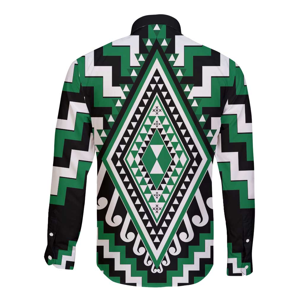Green Aotearoa Taniko Poutama Patikitiki Long Sleeve Button Shirt LT14 - Polynesian Pride