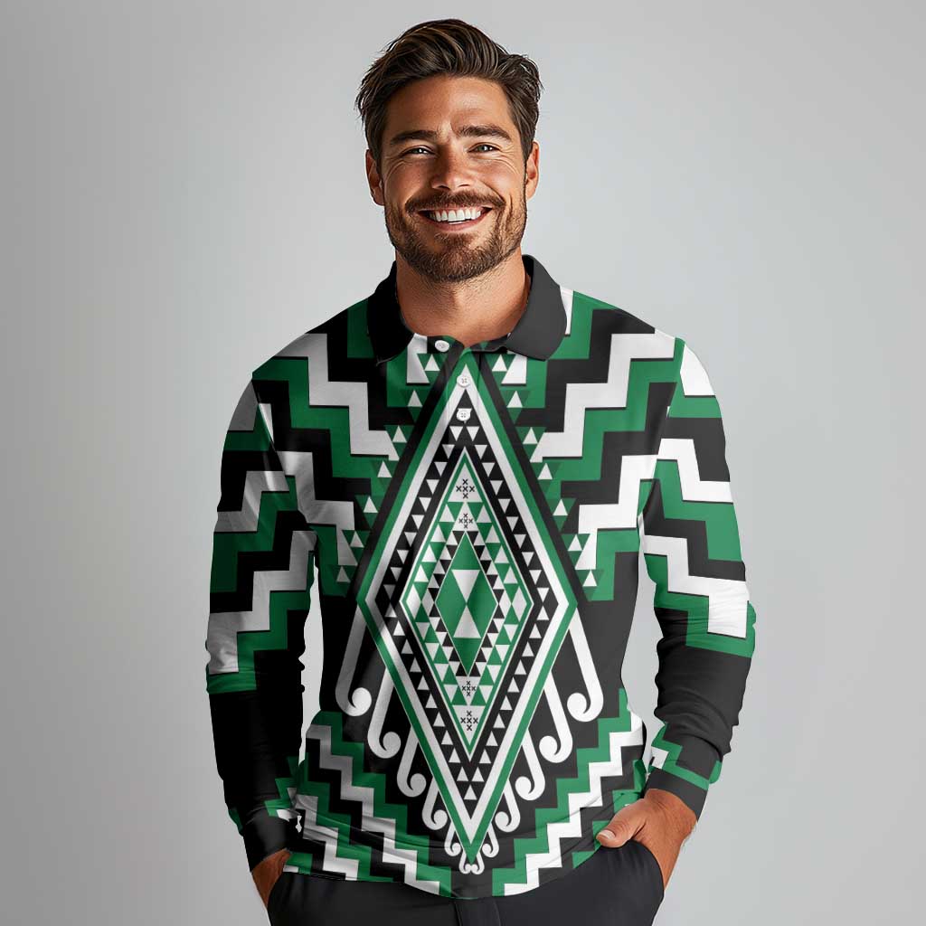 Green Aotearoa Taniko Poutama Patikitiki Long Sleeve Polo Shirt