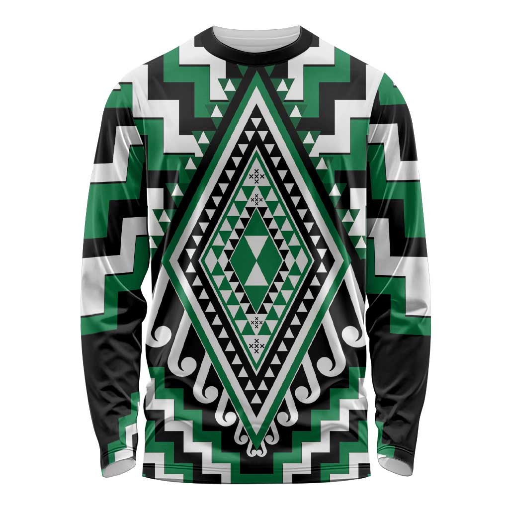 Green Aotearoa Taniko Poutama Patikitiki Long Sleeve Shirt LT14 Unisex Green - Polynesian Pride