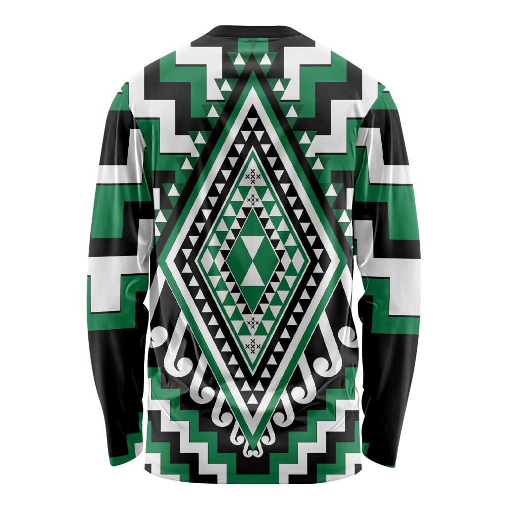 Green Aotearoa Taniko Poutama Patikitiki Long Sleeve Shirt LT14 - Polynesian Pride