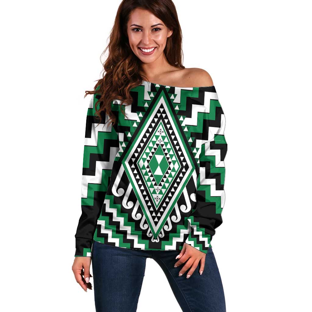 Green Aotearoa Taniko Poutama Patikitiki Off Shoulder Sweater