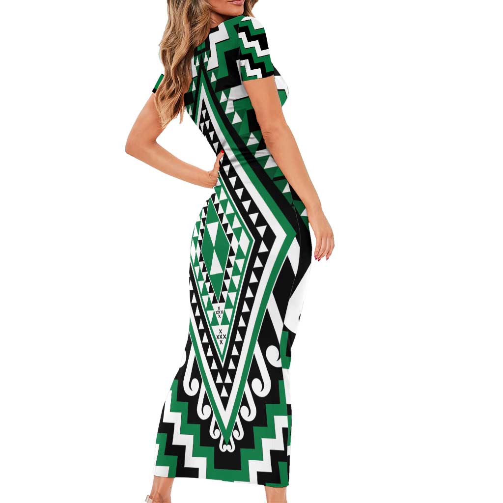 Green Aotearoa Taniko Poutama Patikitiki Short Sleeve Bodycon Dress