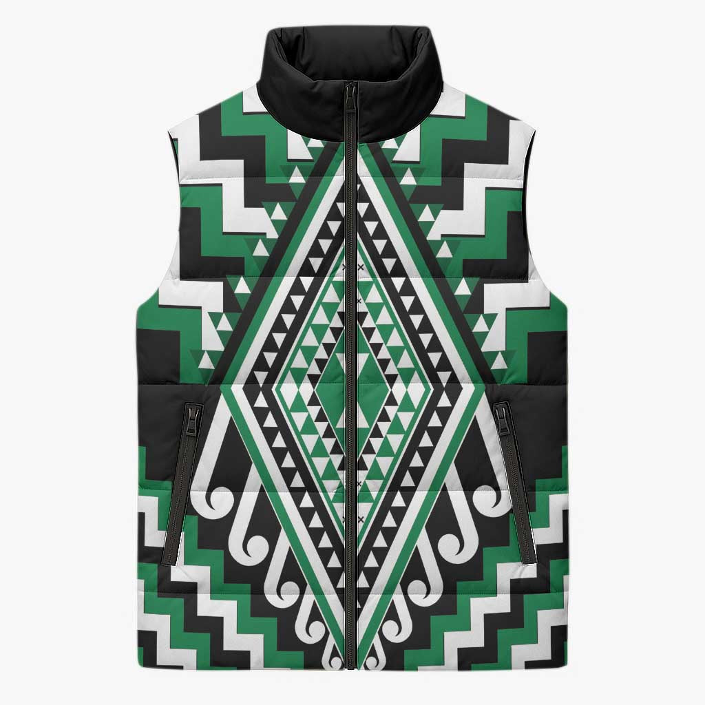 Green New Zealand Taniko Poutama Patikitiki Sleeveless Puffer Jacket - Polynesian Pride