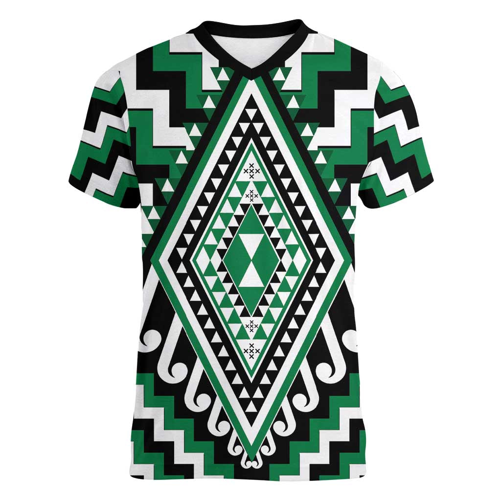 Green Aotearoa Taniko Poutama Patikitiki Women V-Neck T-Shirt