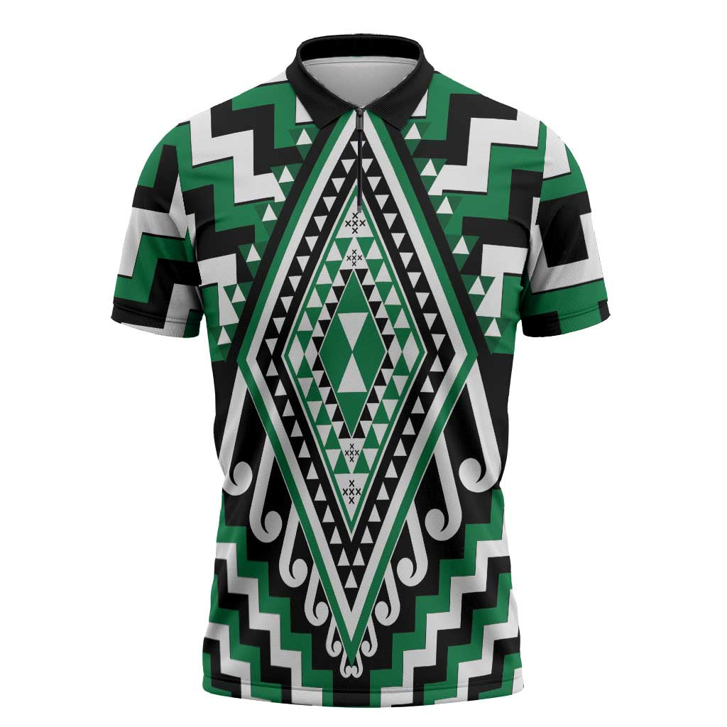 Green New Zealand Taniko Poutama Patikitiki Zipper Polo Shirt - Polynesian Pride
