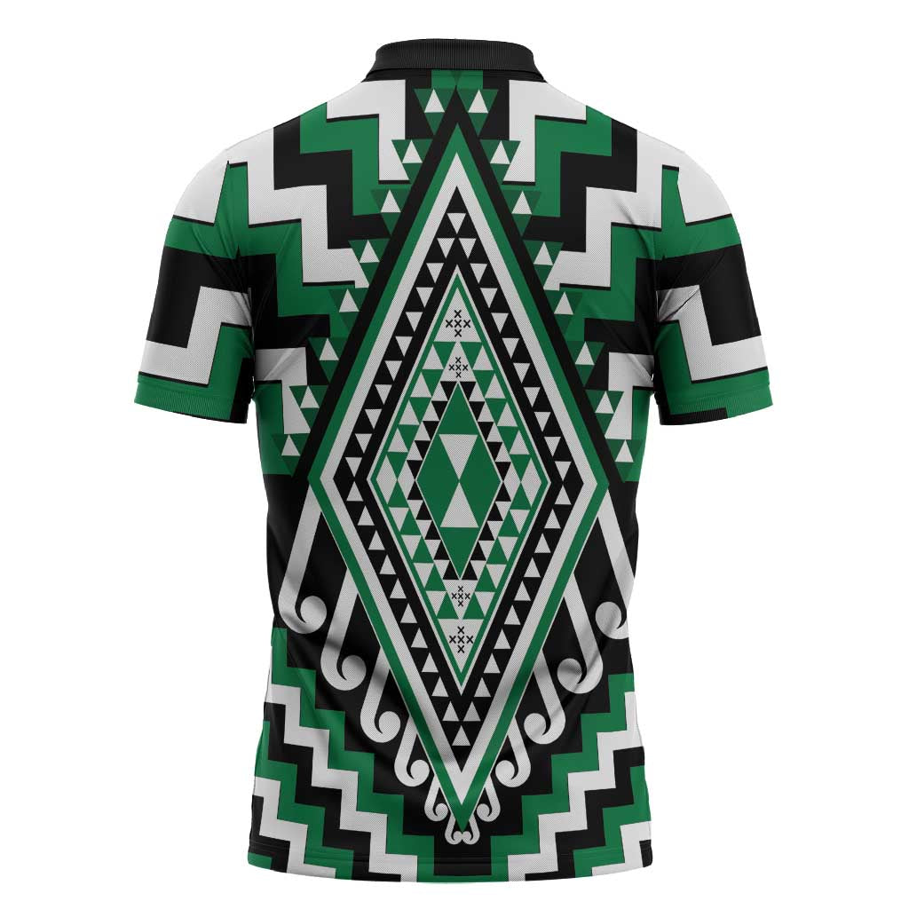 Green New Zealand Taniko Poutama Patikitiki Zipper Polo Shirt - Polynesian Pride