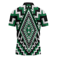 Green New Zealand Taniko Poutama Patikitiki Zipper Polo Shirt - Polynesian Pride