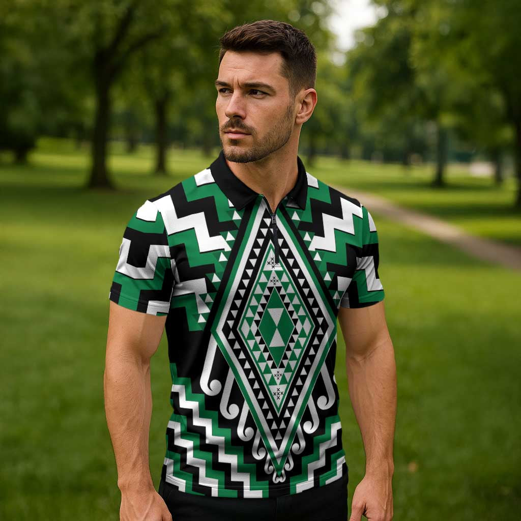 Green New Zealand Taniko Poutama Patikitiki Zipper Polo Shirt - Polynesian Pride
