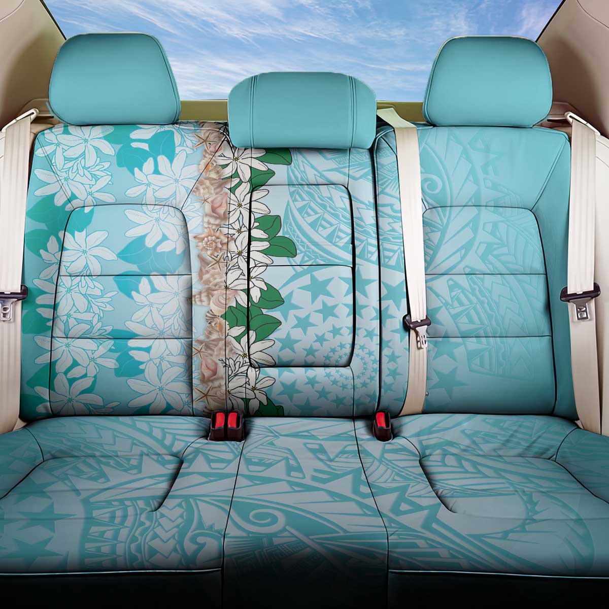 Cook Islands Tiare Maori With Conch Shell Back Car Seat Cover Pasifika Fest Polynesian Tattoo Turquoise