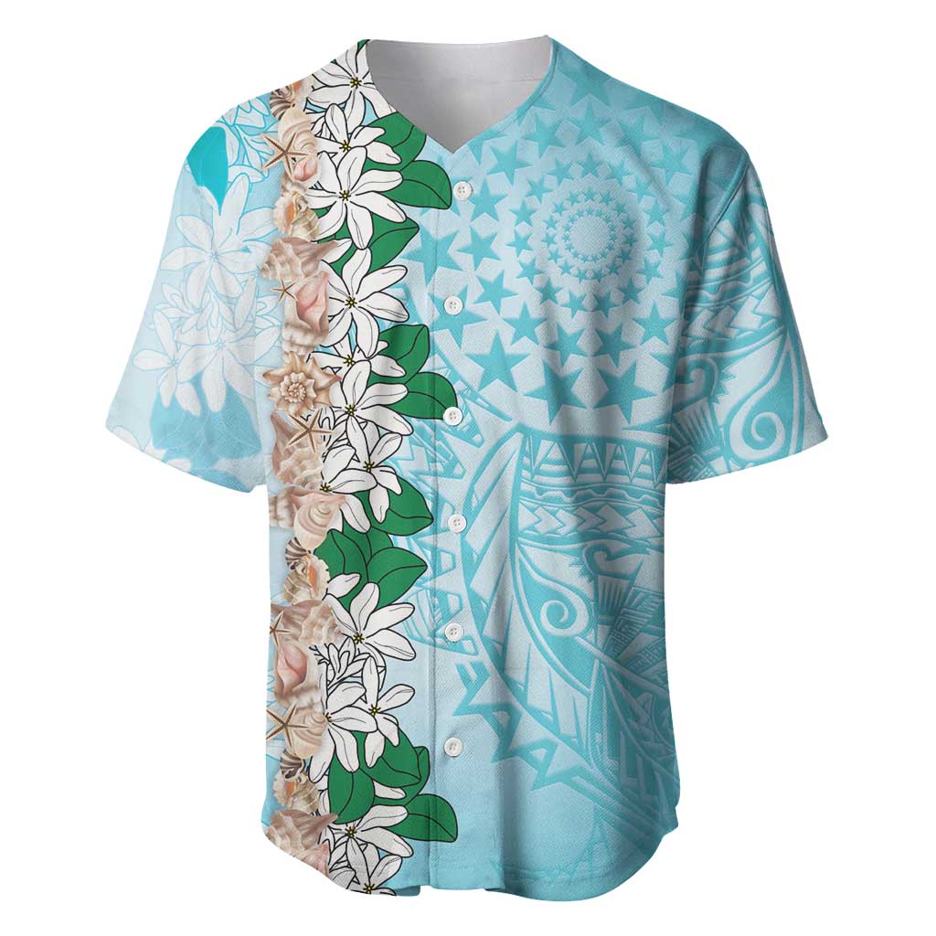 Cook Islands Tiare Maori With Conch Shell Baseball Jersey Pasifika Fest Polynesian Tattoo Turquoise LT14 Turquoise - Polynesian Pride