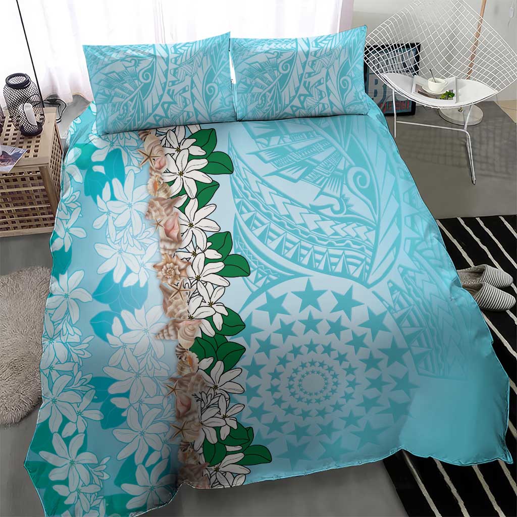 Cook Islands Tiare Maori With Conch Shell Bedding Set Pasifika Fest Polynesian Tattoo Turquoise LT14 - Polynesian Pride