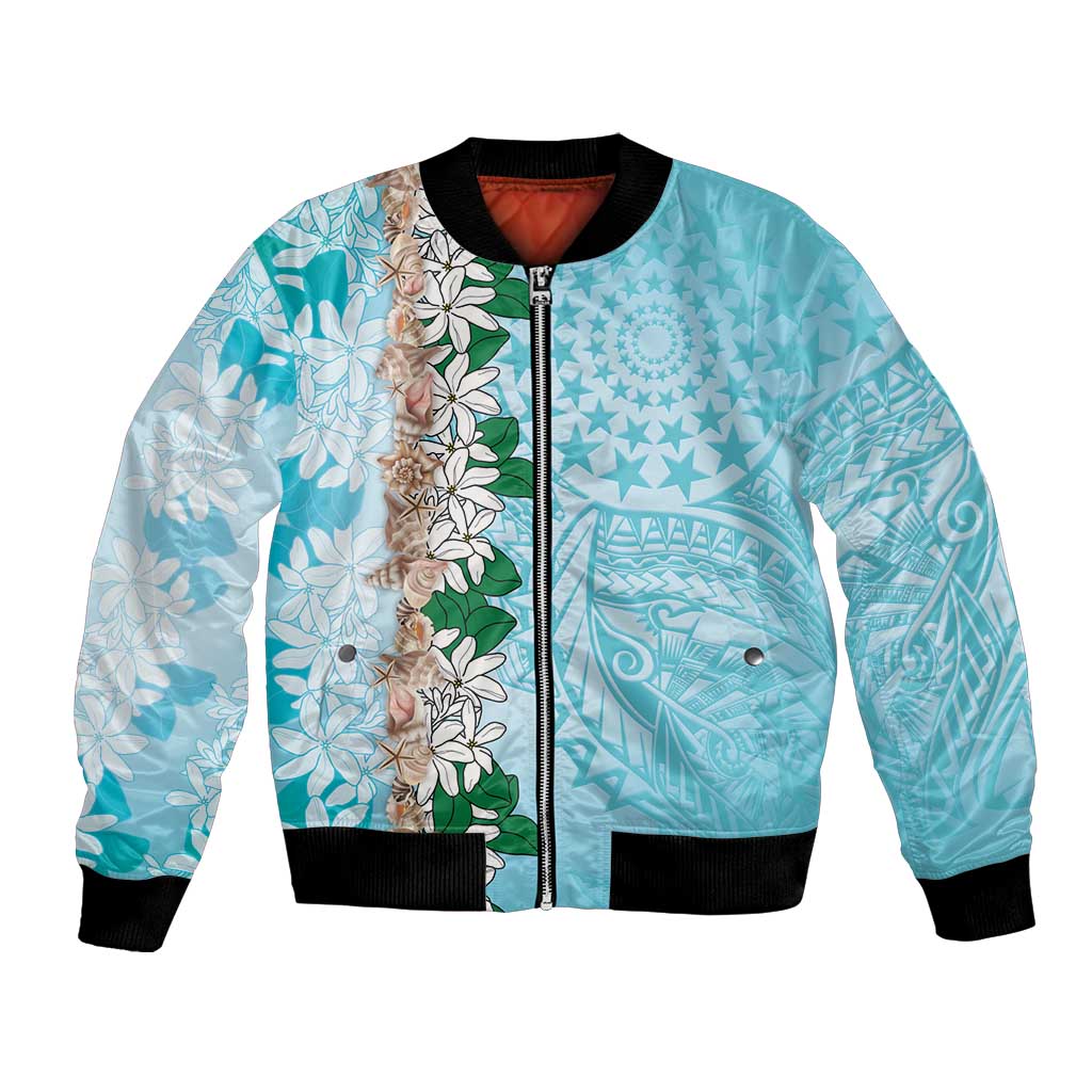 Cook Islands Tiare Maori With Conch Shell Bomber Jacket Pasifika Fest Polynesian Tattoo Turquoise LT14 Unisex Turquoise - Polynesian Pride