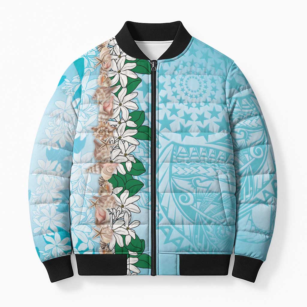 Cook Islands Tiare Maori With Conch Shell Bomber Puffer Jacket Pasifika Fest Polynesian Tattoo Turquoise LT14 Unisex Turquoise - Polynesian Pride