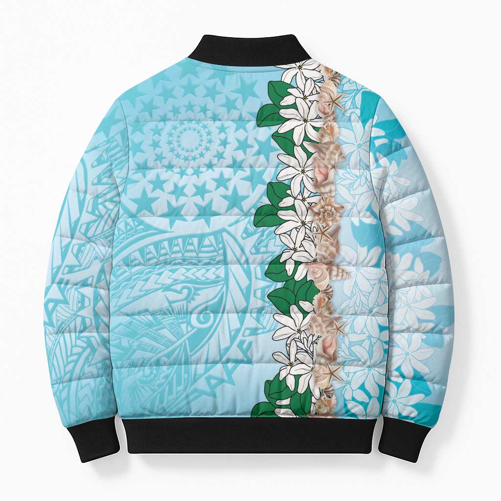 Cook Islands Tiare Maori With Conch Shell Bomber Puffer Jacket Pasifika Fest Polynesian Tattoo Turquoise LT14 - Polynesian Pride