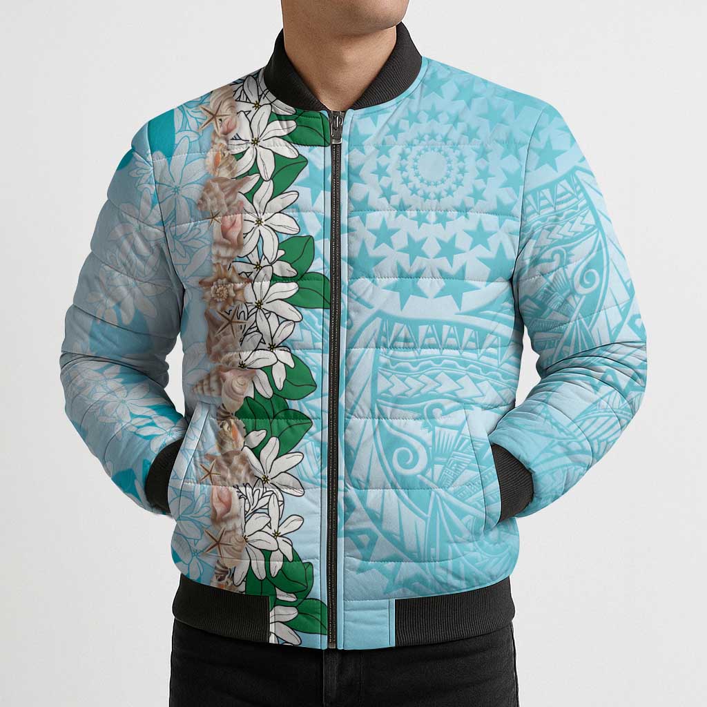 Cook Islands Tiare Maori With Conch Shell Bomber Puffer Jacket Pasifika Fest Polynesian Tattoo Turquoise LT14 - Polynesian Pride