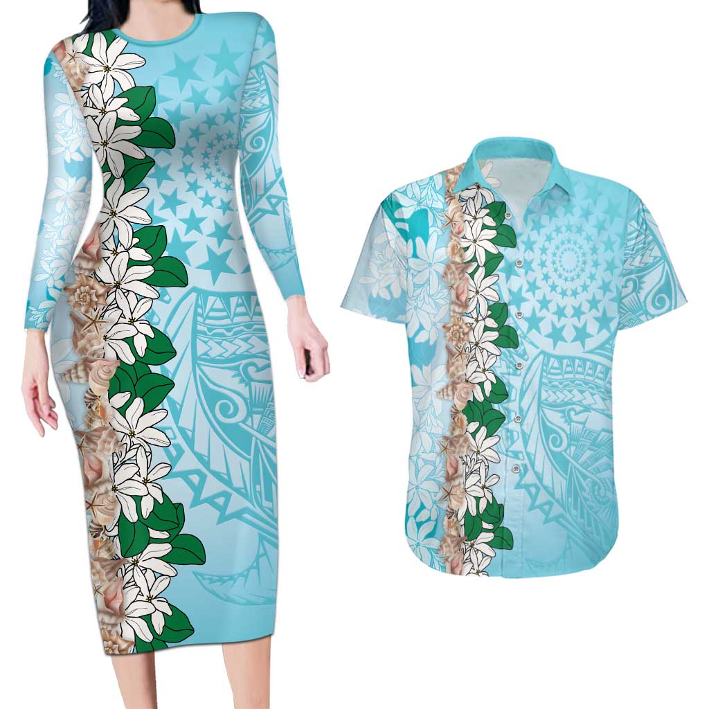 Cook Islands Tiare Maori With Conch Shell Couples Matching Long Sleeve Bodycon Dress and Hawaiian Shirt Pasifika Fest Polynesian Tattoo Turquoise LT14 Turquoise - Polynesian Pride