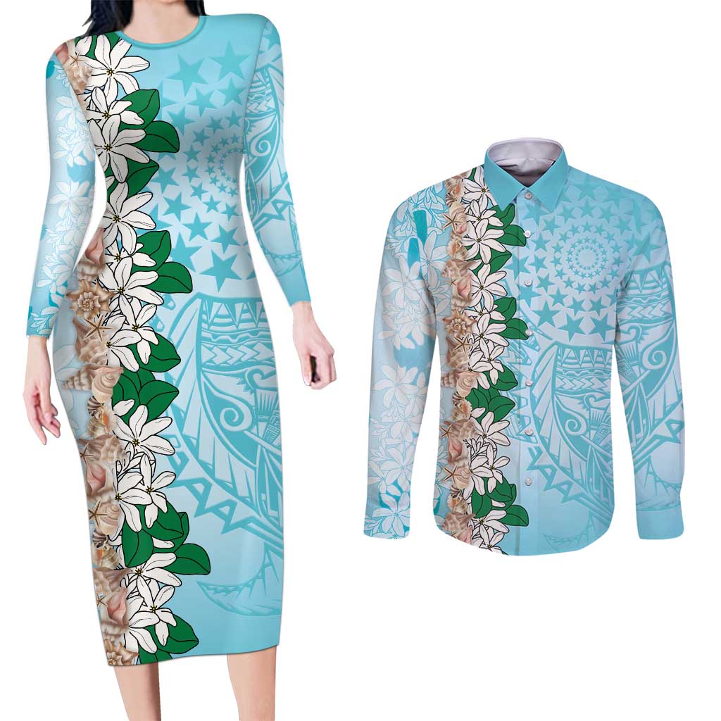 Cook Islands Tiare Maori With Conch Shell Couples Matching Long Sleeve Bodycon Dress and Long Sleeve Button Shirt Pasifika Fest Polynesian Tattoo Turquoise