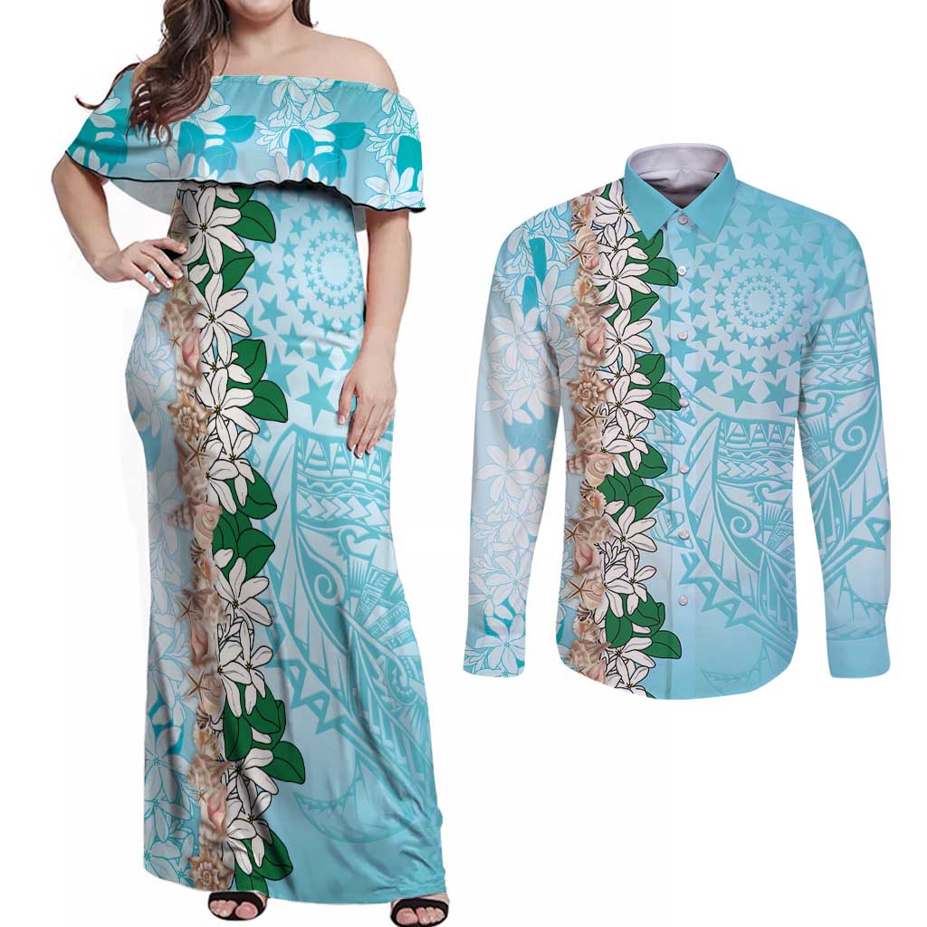 Cook Islands Tiare Maori With Conch Shell Couples Matching Off Shoulder Maxi Dress and Long Sleeve Button Shirt Pasifika Fest Polynesian Tattoo Turquoise LT14 Turquoise - Polynesian Pride
