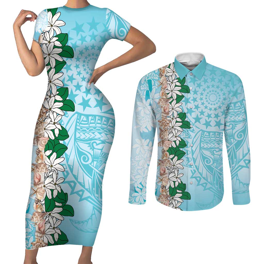 Cook Islands Tiare Maori With Conch Shell Couples Matching Short Sleeve Bodycon Dress and Long Sleeve Button Shirt Pasifika Fest Polynesian Tattoo Turquoise LT14 Turquoise - Polynesian Pride