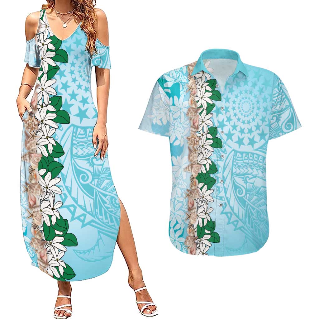 Cook Islands Tiare Maori With Conch Shell Couples Matching Summer Maxi Dress and Hawaiian Shirt Pasifika Fest Polynesian Tattoo Turquoise LT14 Turquoise - Polynesian Pride