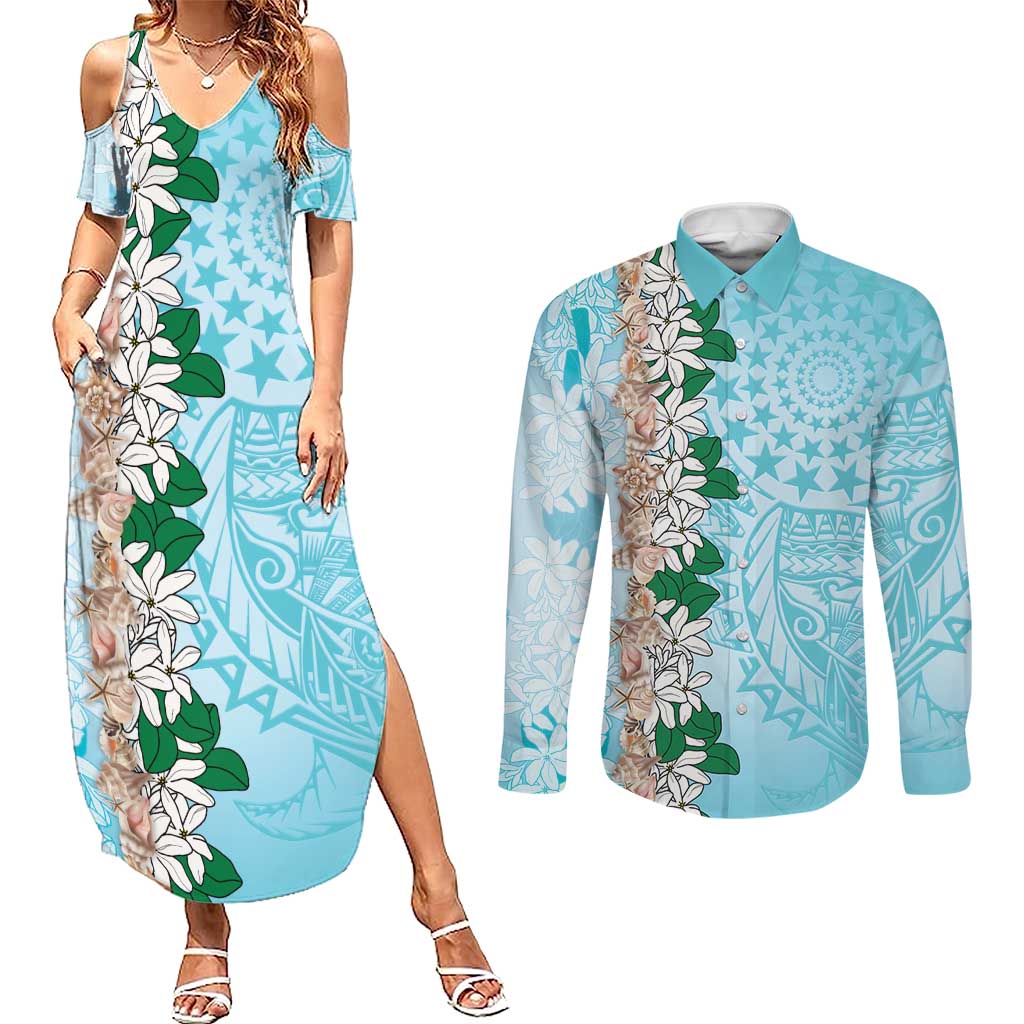 Cook Islands Tiare Maori With Conch Shell Couples Matching Summer Maxi Dress and Long Sleeve Button Shirt Pasifika Fest Polynesian Tattoo Turquoise LT14 Turquoise - Polynesian Pride