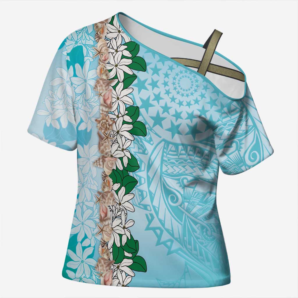 Cook Islands Tiare Maori With Conch Shell Cross Shoulder Shirt Pasifika Fest Polynesian Tattoo Turquoise LT14 Female Turquoise - Polynesian Pride