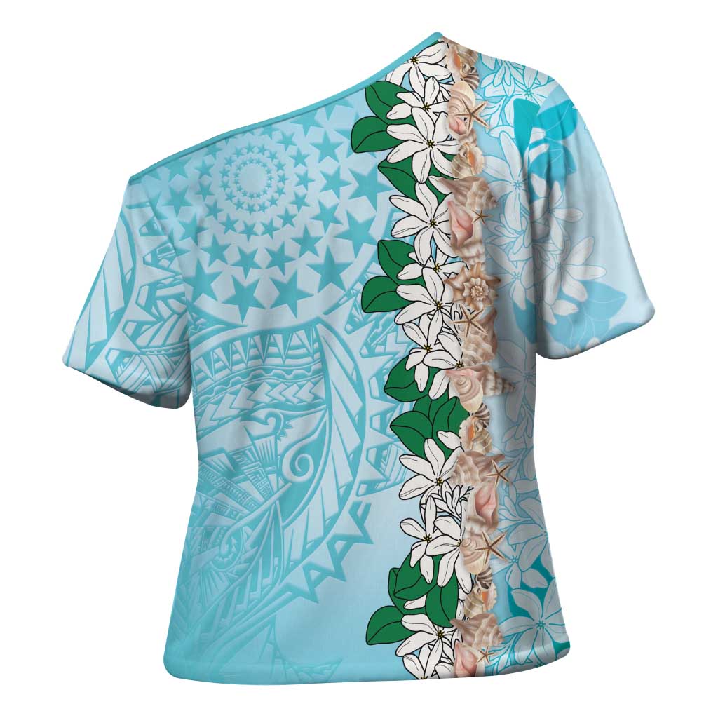 Cook Islands Tiare Maori With Conch Shell Cross Shoulder Shirt Pasifika Fest Polynesian Tattoo Turquoise LT14 - Polynesian Pride