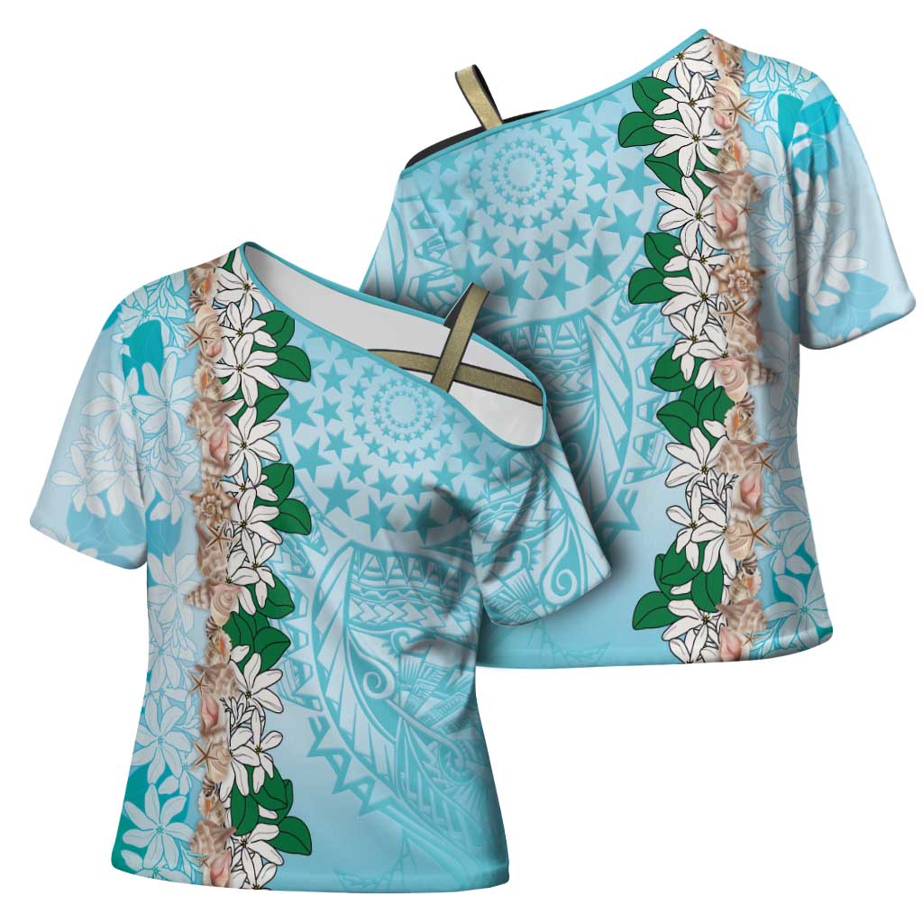 Cook Islands Tiare Maori With Conch Shell Cross Shoulder Shirt Pasifika Fest Polynesian Tattoo Turquoise LT14 - Polynesian Pride