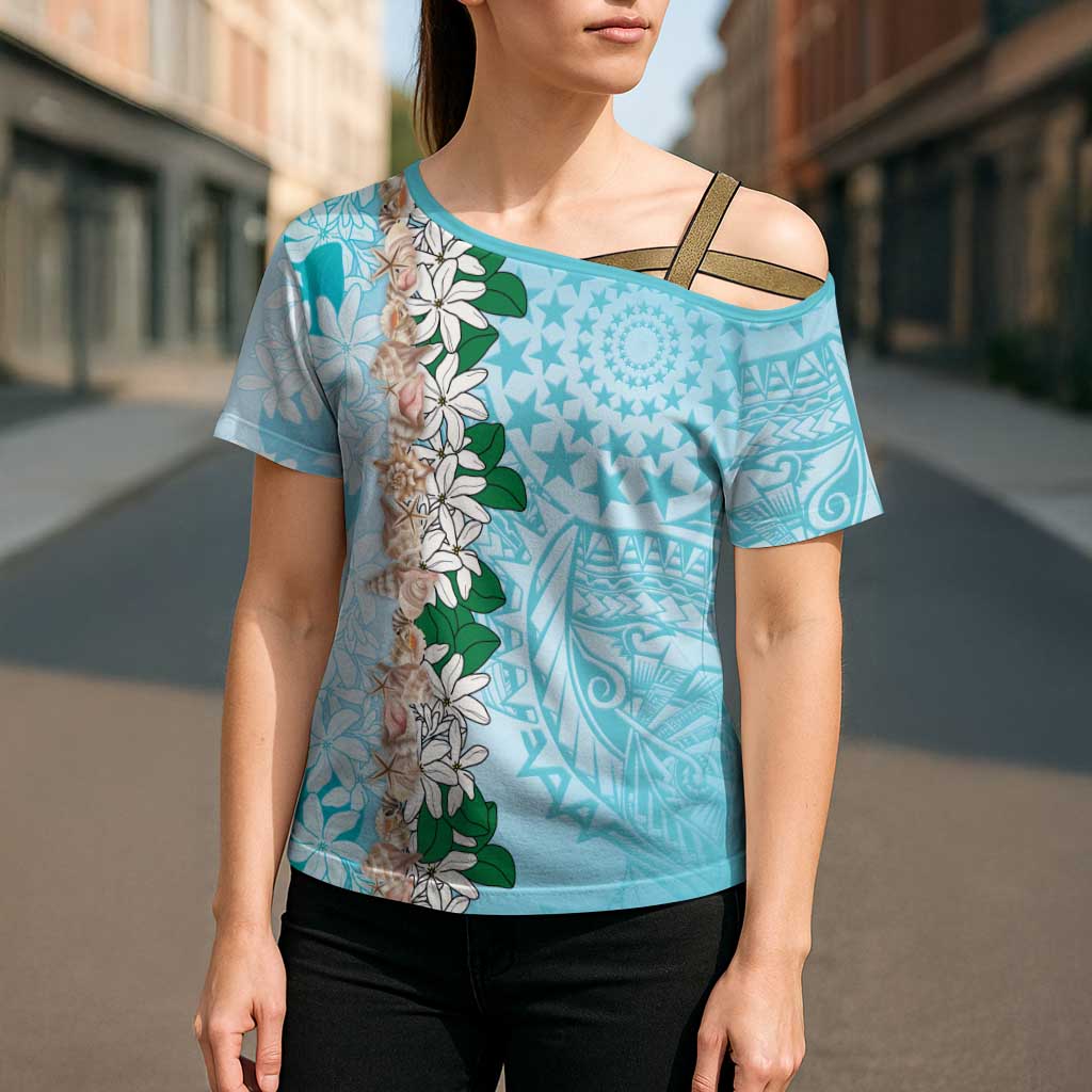 Cook Islands Tiare Maori With Conch Shell Cross Shoulder Shirt Pasifika Fest Polynesian Tattoo Turquoise LT14 - Polynesian Pride