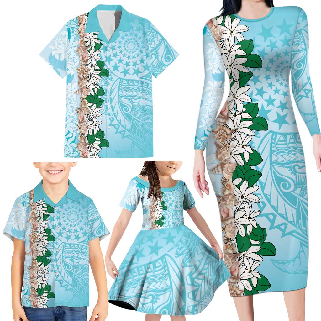 Cook Islands Tiare Maori With Conch Shell Family Matching Long Sleeve Bodycon Dress and Hawaiian Shirt Pasifika Fest Polynesian Tattoo Turquoise