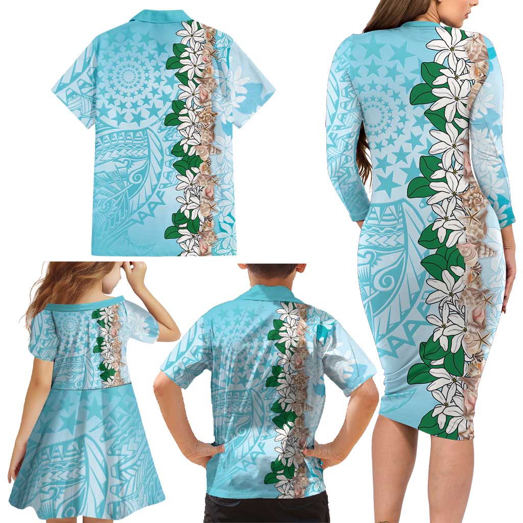 Cook Islands Tiare Maori With Conch Shell Family Matching Long Sleeve Bodycon Dress and Hawaiian Shirt Pasifika Fest Polynesian Tattoo Turquoise