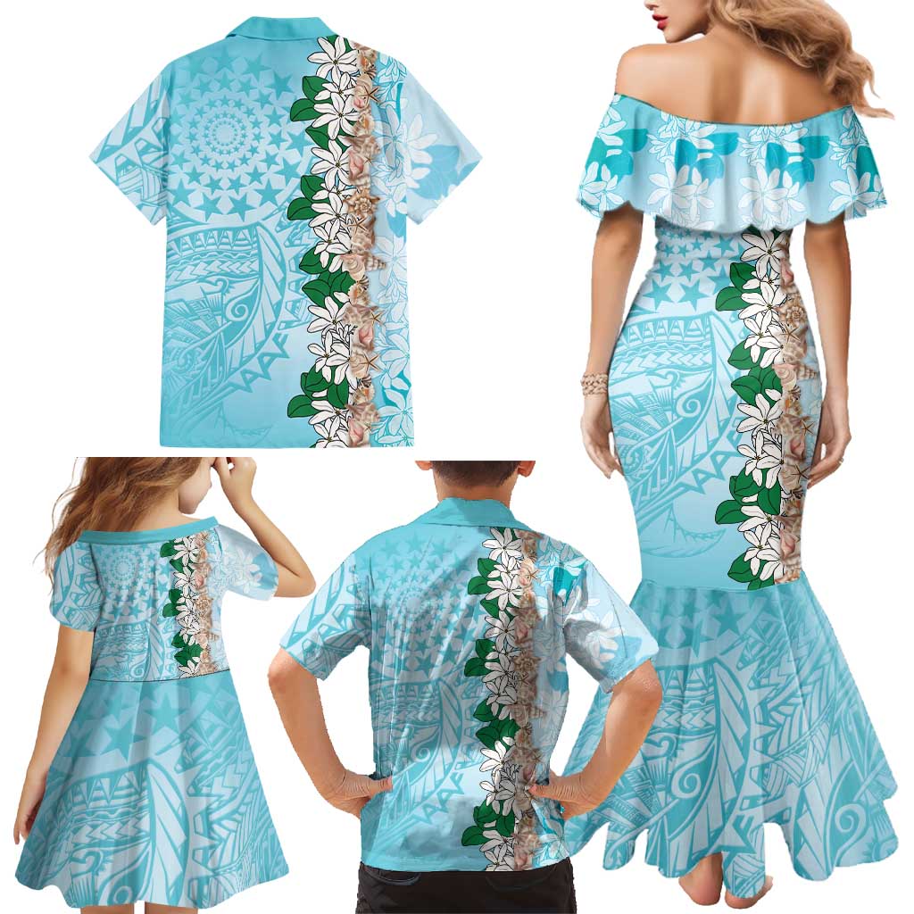 Cook Islands Tiare Maori With Conch Shell Family Matching Mermaid Dress and Hawaiian Shirt Pasifika Fest Polynesian Tattoo Turquoise