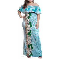 Cook Islands Tiare Maori With Conch Shell Family Matching Off Shoulder Maxi Dress and Hawaiian Shirt Pasifika Fest Polynesian Tattoo Turquoise