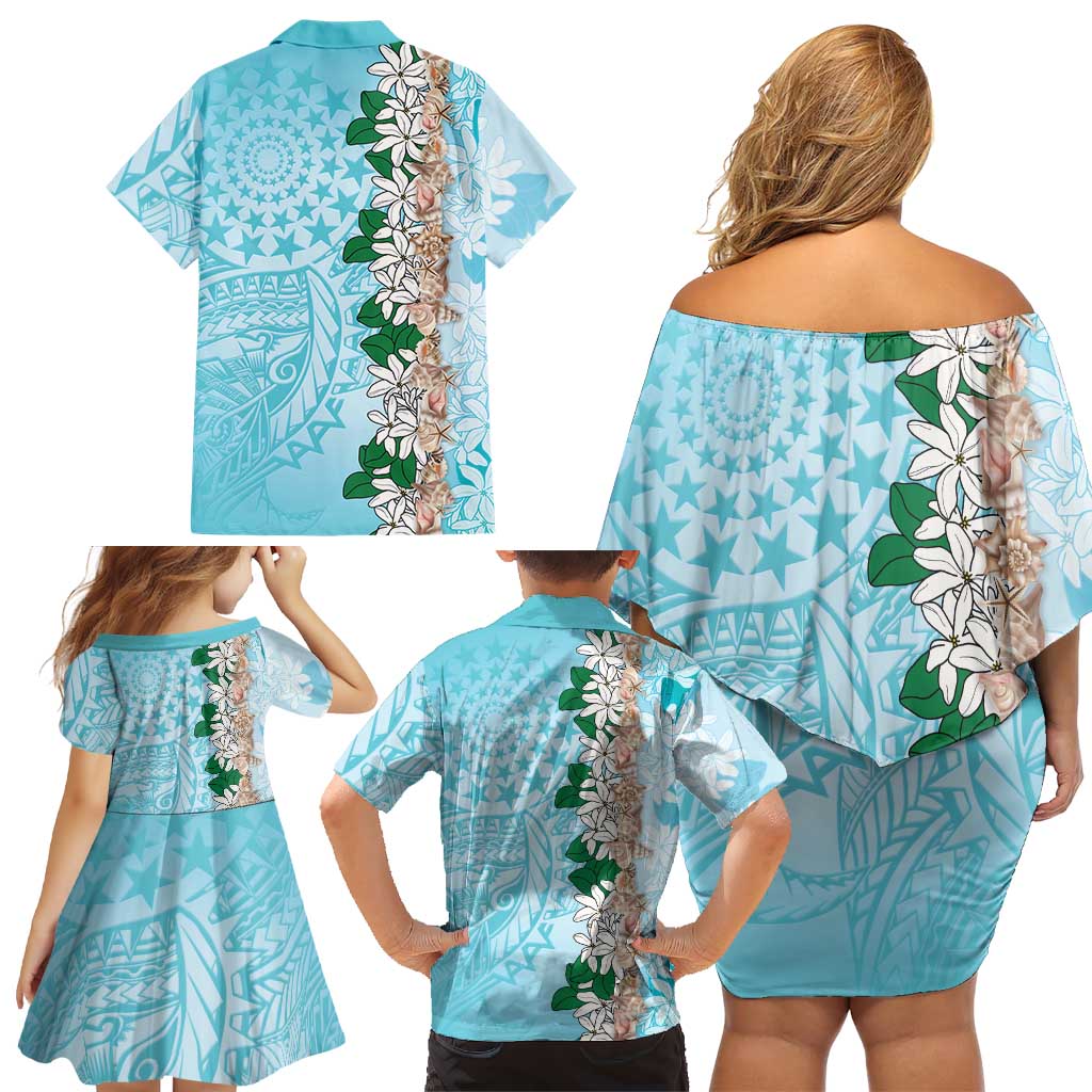 Cook Islands Tiare Maori With Conch Shell Family Matching Off Shoulder Short Dress and Hawaiian Shirt Pasifika Fest Polynesian Tattoo Turquoise