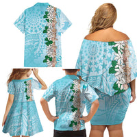 Cook Islands Tiare Maori With Conch Shell Family Matching Off Shoulder Short Dress and Hawaiian Shirt Pasifika Fest Polynesian Tattoo Turquoise