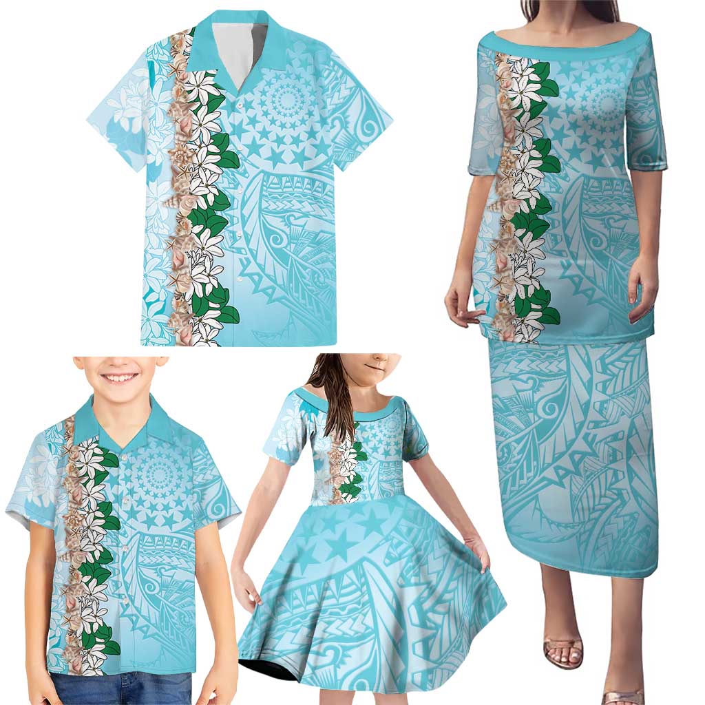 Cook Islands Tiare Maori With Conch Shell Family Matching Puletasi and Hawaiian Shirt Pasifika Fest Polynesian Tattoo Turquoise