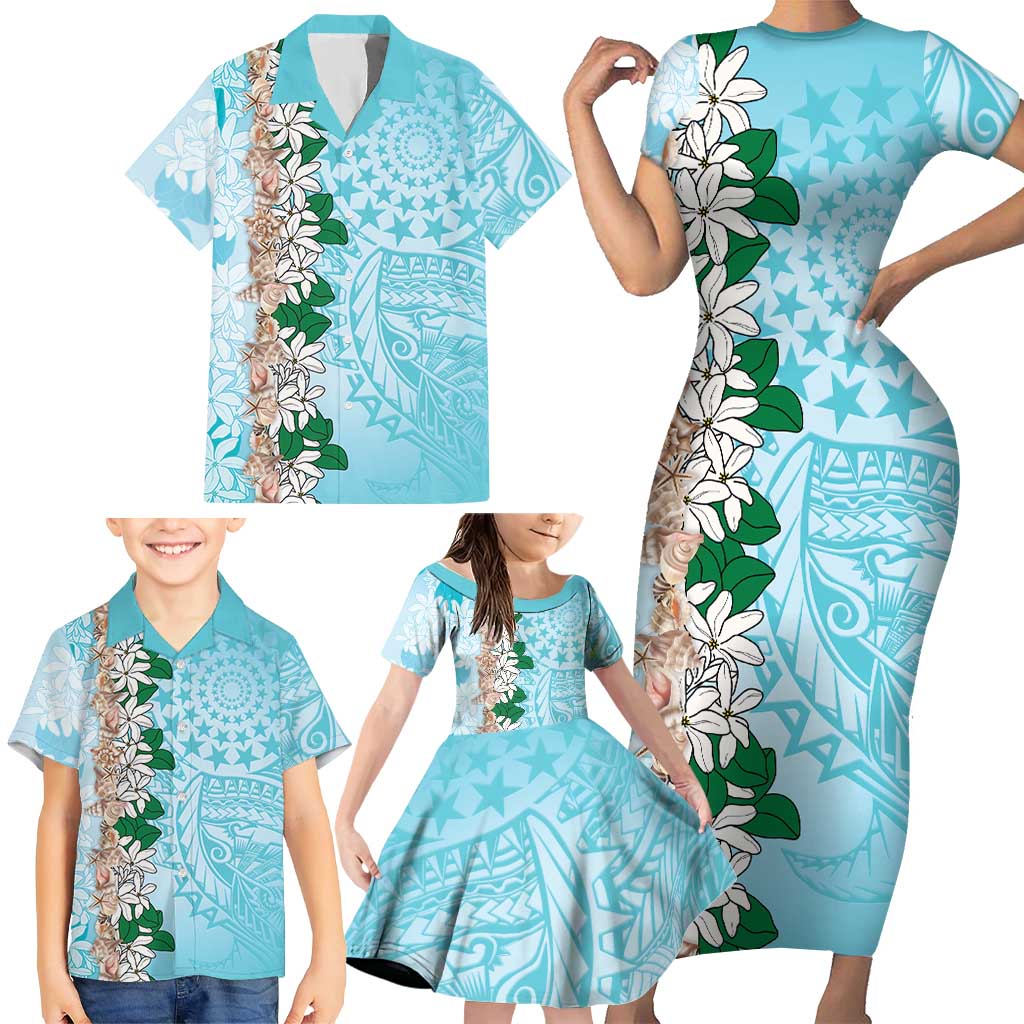 Cook Islands Tiare Maori With Conch Shell Family Matching Short Sleeve Bodycon Dress and Hawaiian Shirt Pasifika Fest Polynesian Tattoo Turquoise LT14 - Polynesian Pride