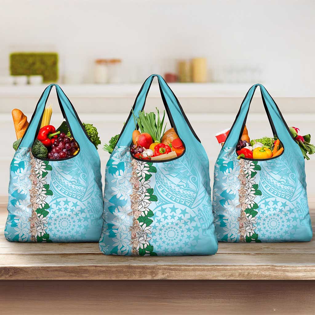 Cook Islands Tiare Maori With Conch Shell Grocery Bag Pasifika Fest Polynesian Tattoo Turquoise LT14 3-pack One Size Turquoise - Polynesian Pride