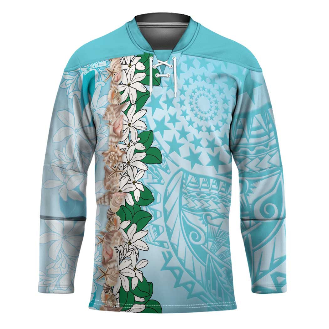 Cook Islands Tiare Maori With Conch Shell Hockey Jersey Pasifika Fest Polynesian Tattoo Turquoise LT14 Unisex Turquoise - Polynesian Pride