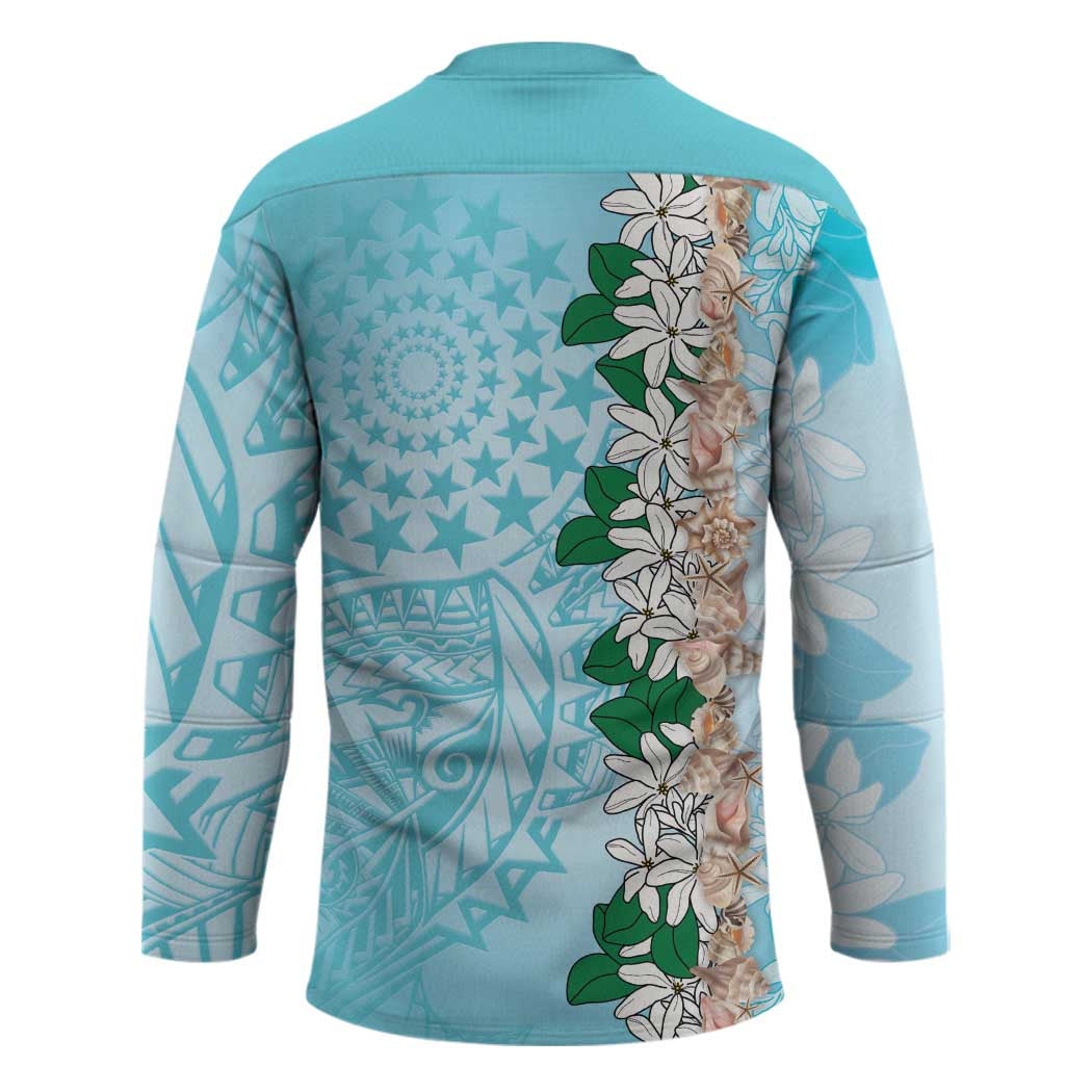 Cook Islands Tiare Maori With Conch Shell Hockey Jersey Pasifika Fest Polynesian Tattoo Turquoise LT14 - Polynesian Pride