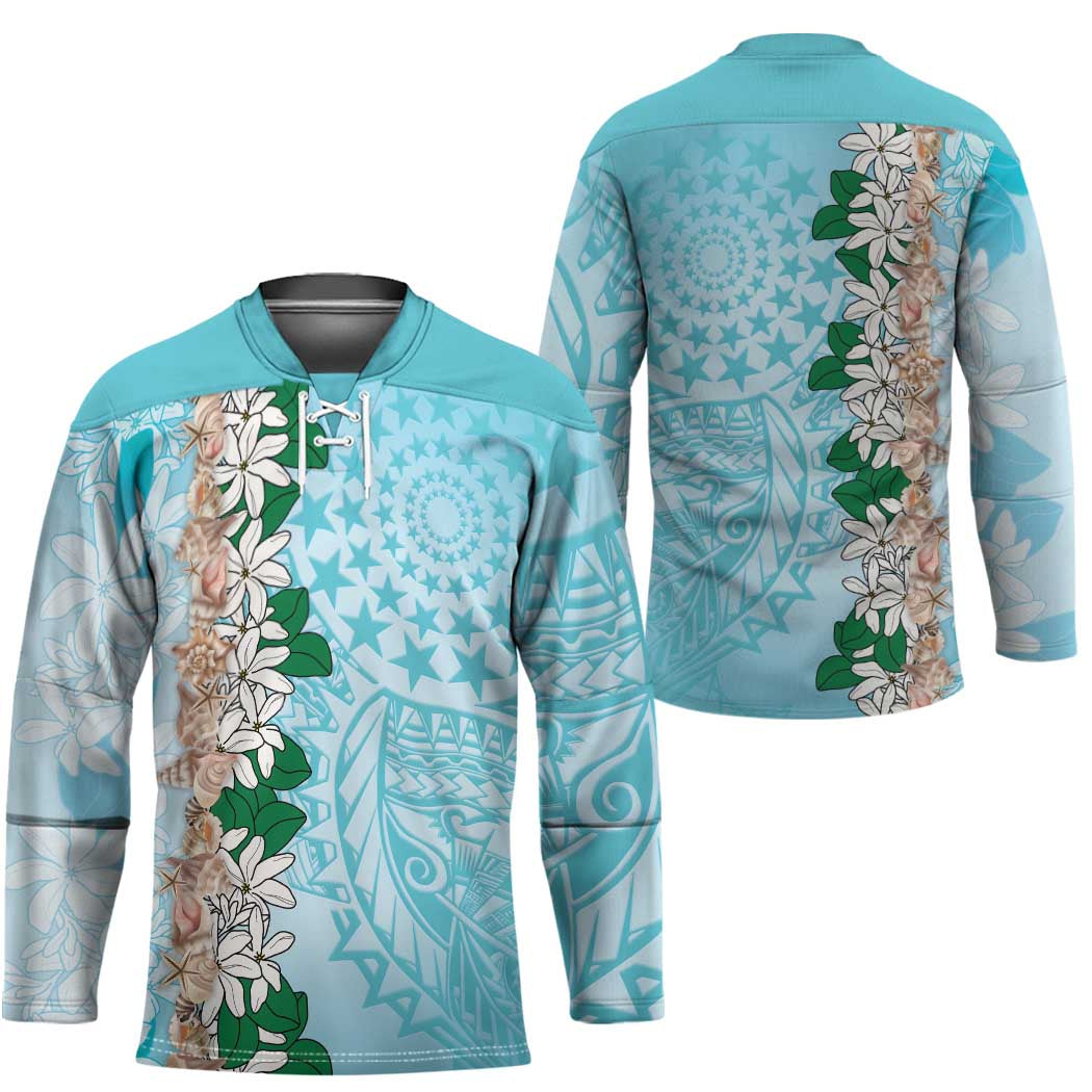 Cook Islands Tiare Maori With Conch Shell Hockey Jersey Pasifika Fest Polynesian Tattoo Turquoise LT14 - Polynesian Pride