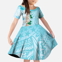 Cook Islands Tiare Maori With Conch Shell Kid Short Sleeve Dress Pasifika Fest Polynesian Tattoo Turquoise LT14 KID Turquoise - Polynesian Pride