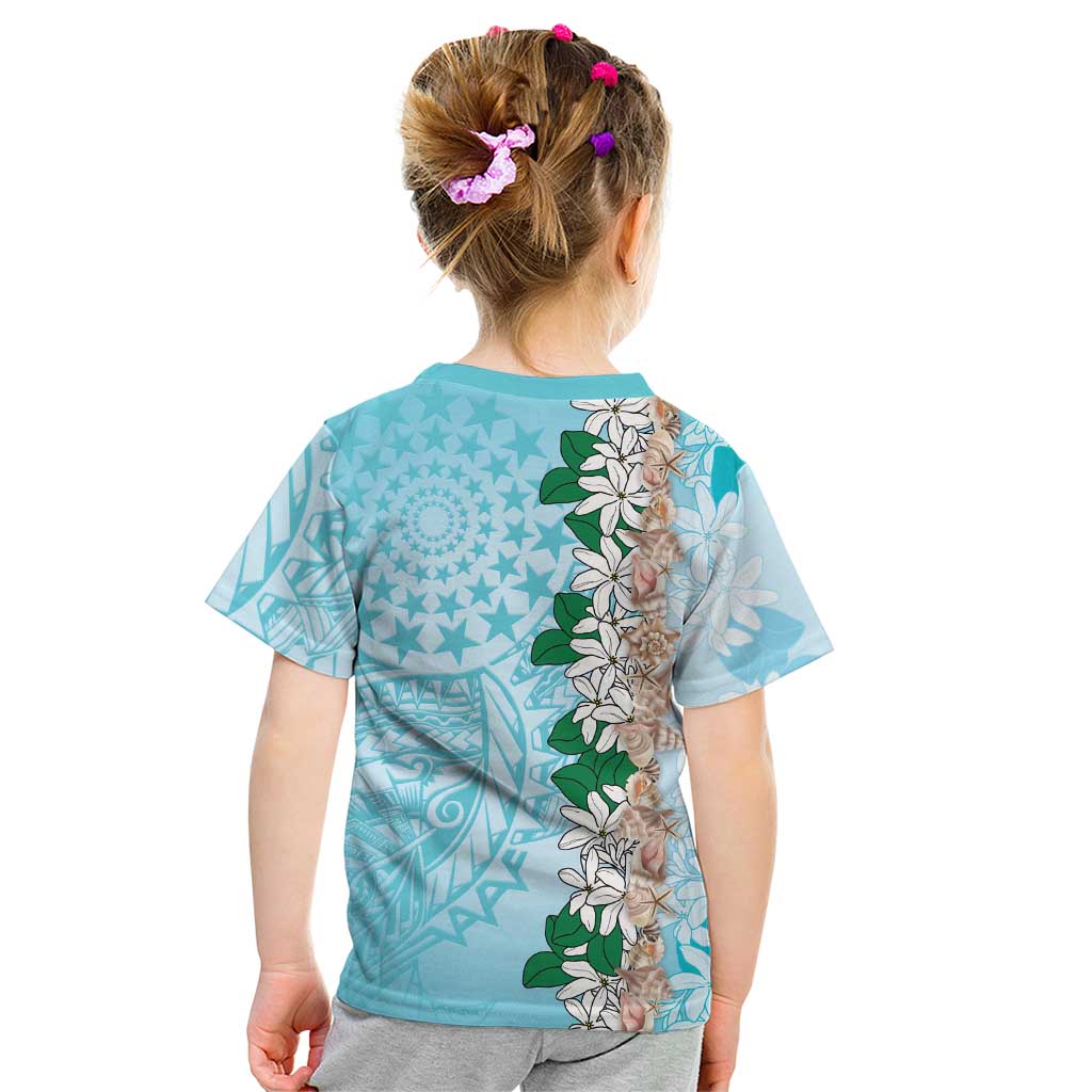 Cook Islands Tiare Maori With Conch Shell Kid T Shirt Pasifika Fest Polynesian Tattoo Turquoise LT14 - Polynesian Pride