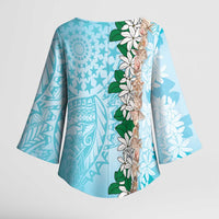 Cook Islands Tiare Maori With Conch Shell Kimono Sleeve Blouse Pasifika Fest Polynesian Tattoo Turquoise LT14 - Polynesian Pride