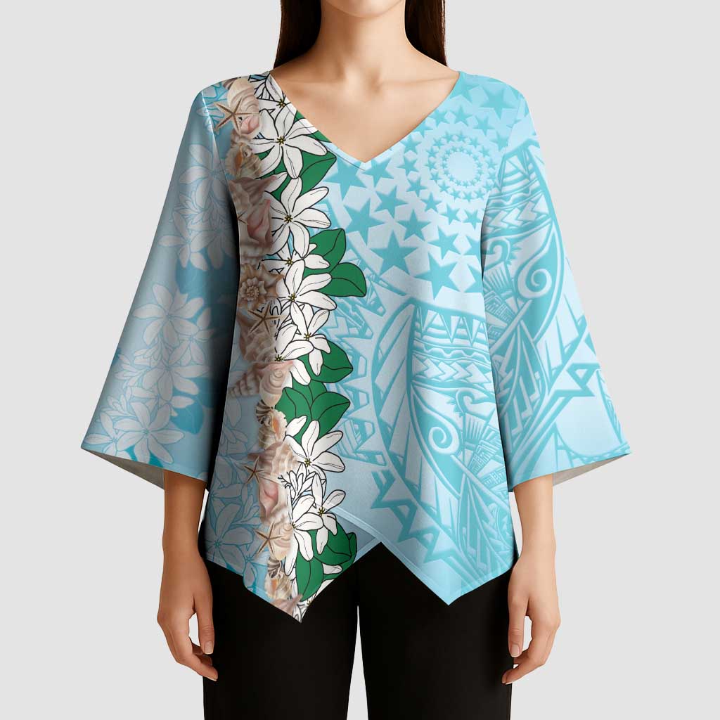 Cook Islands Tiare Maori With Conch Shell Kimono Sleeve Blouse Pasifika Fest Polynesian Tattoo Turquoise LT14 - Polynesian Pride