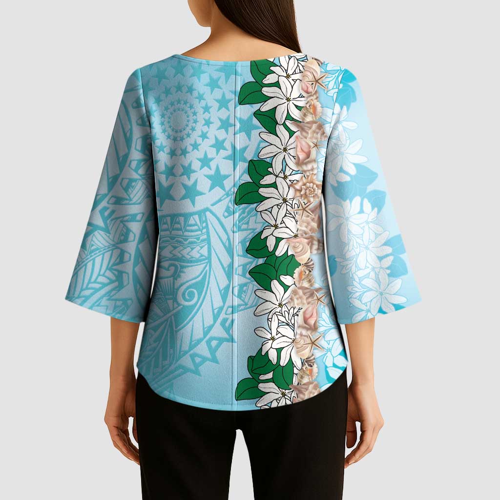 Cook Islands Tiare Maori With Conch Shell Kimono Sleeve Blouse Pasifika Fest Polynesian Tattoo Turquoise LT14 - Polynesian Pride
